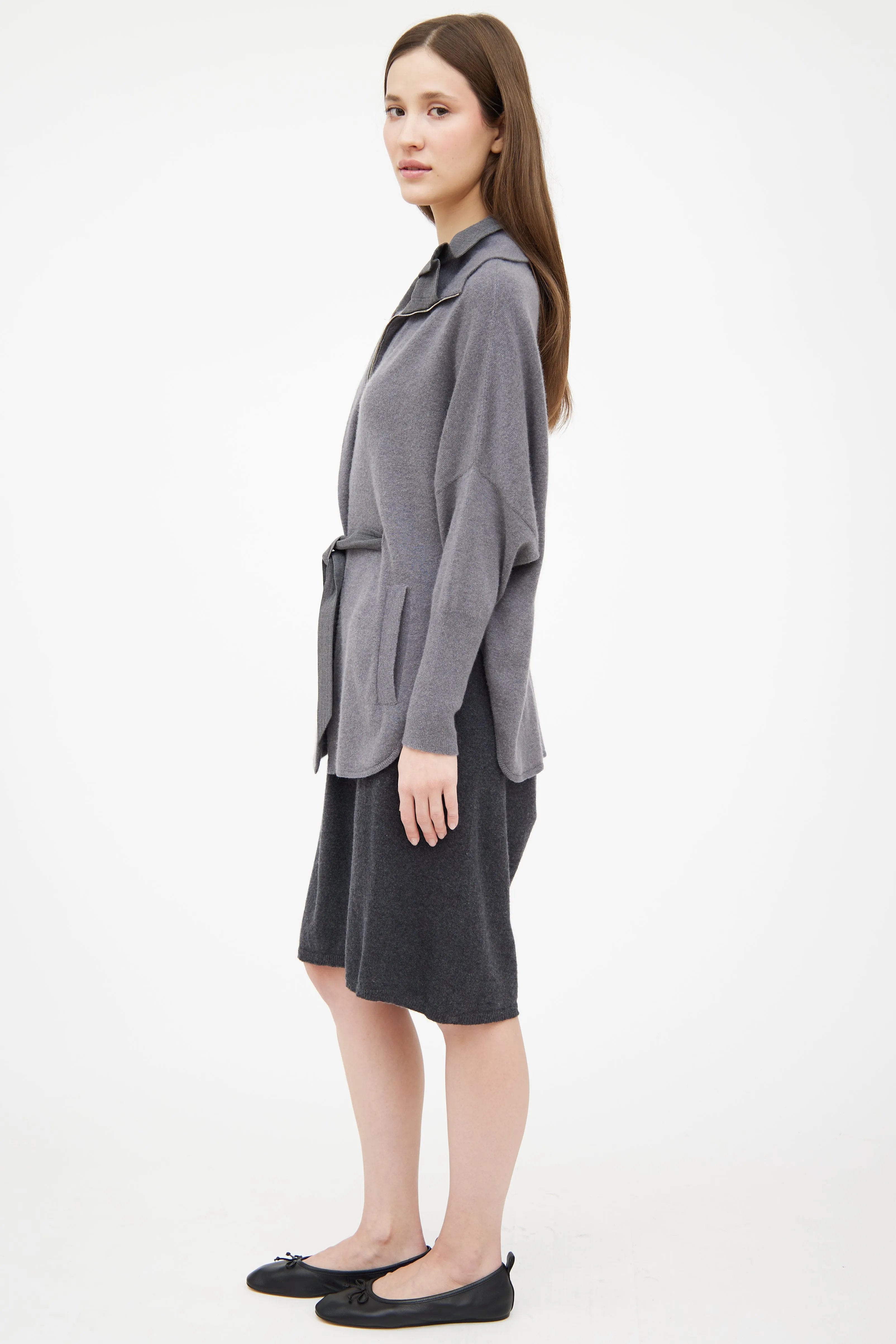 Grey Cashmere Knit Zip Sweater
