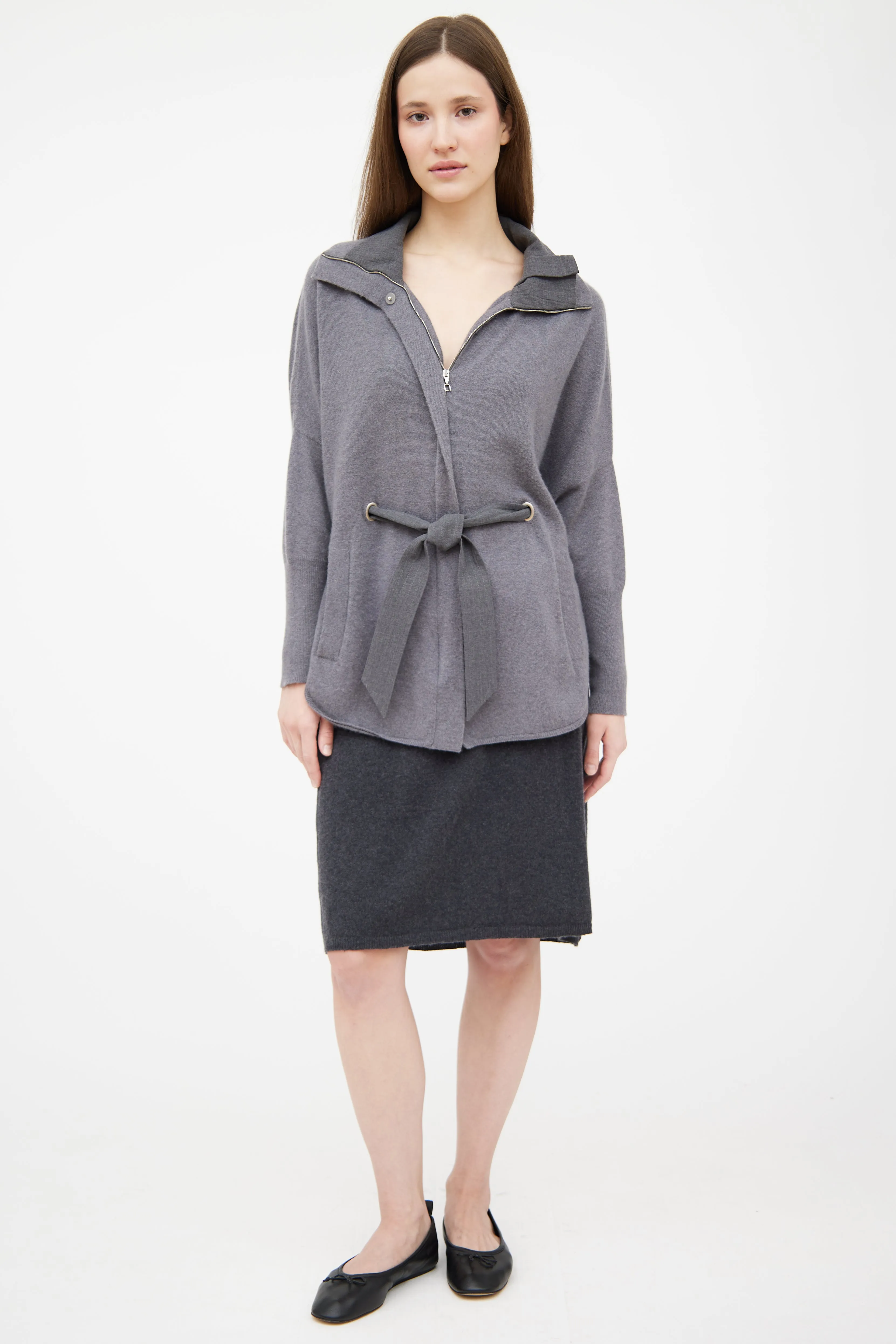 Grey Cashmere Knit Zip Sweater