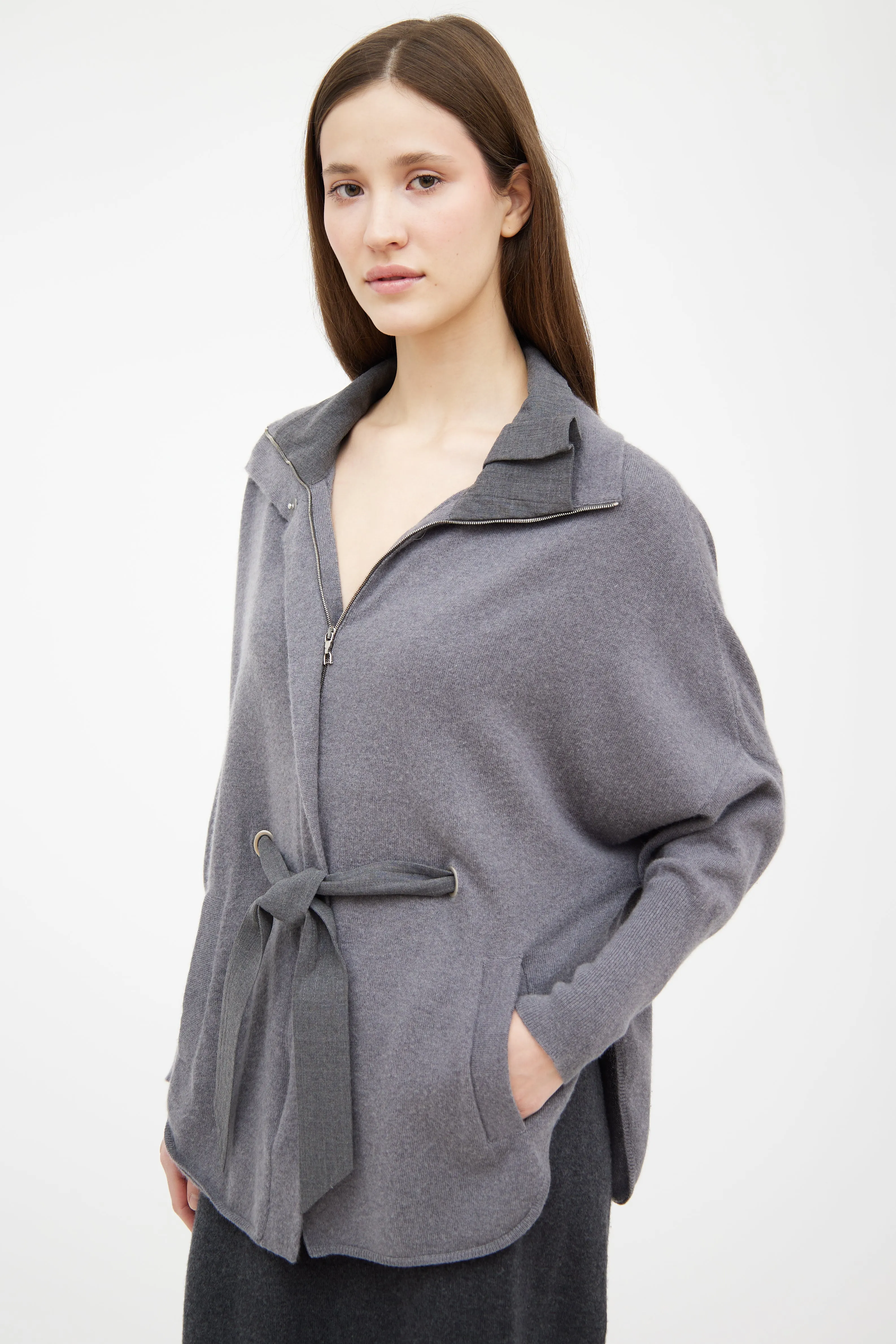 Grey Cashmere Knit Zip Sweater