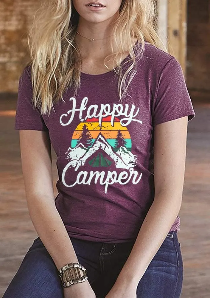 Happy Camp T-Shirt Women Hiking Mountain Adventure Novelty Workout Funny Saying Cute Graphic Athletic Shirt