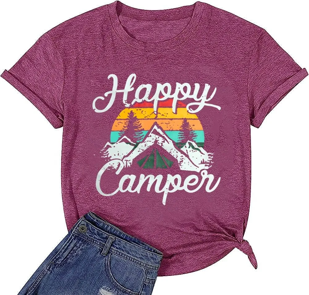 Happy Camp T-Shirt Women Hiking Mountain Adventure Novelty Workout Funny Saying Cute Graphic Athletic Shirt