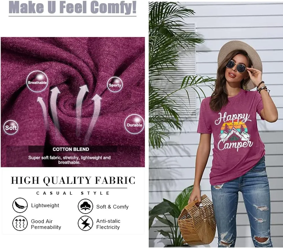 Happy Camp T-Shirt Women Hiking Mountain Adventure Novelty Workout Funny Saying Cute Graphic Athletic Shirt
