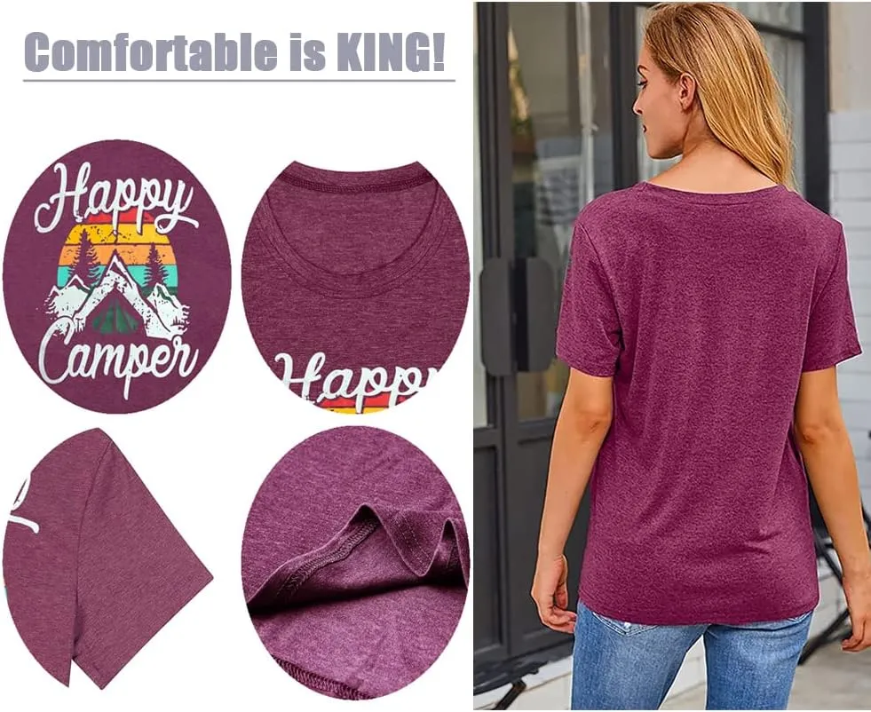 Happy Camp T-Shirt Women Hiking Mountain Adventure Novelty Workout Funny Saying Cute Graphic Athletic Shirt