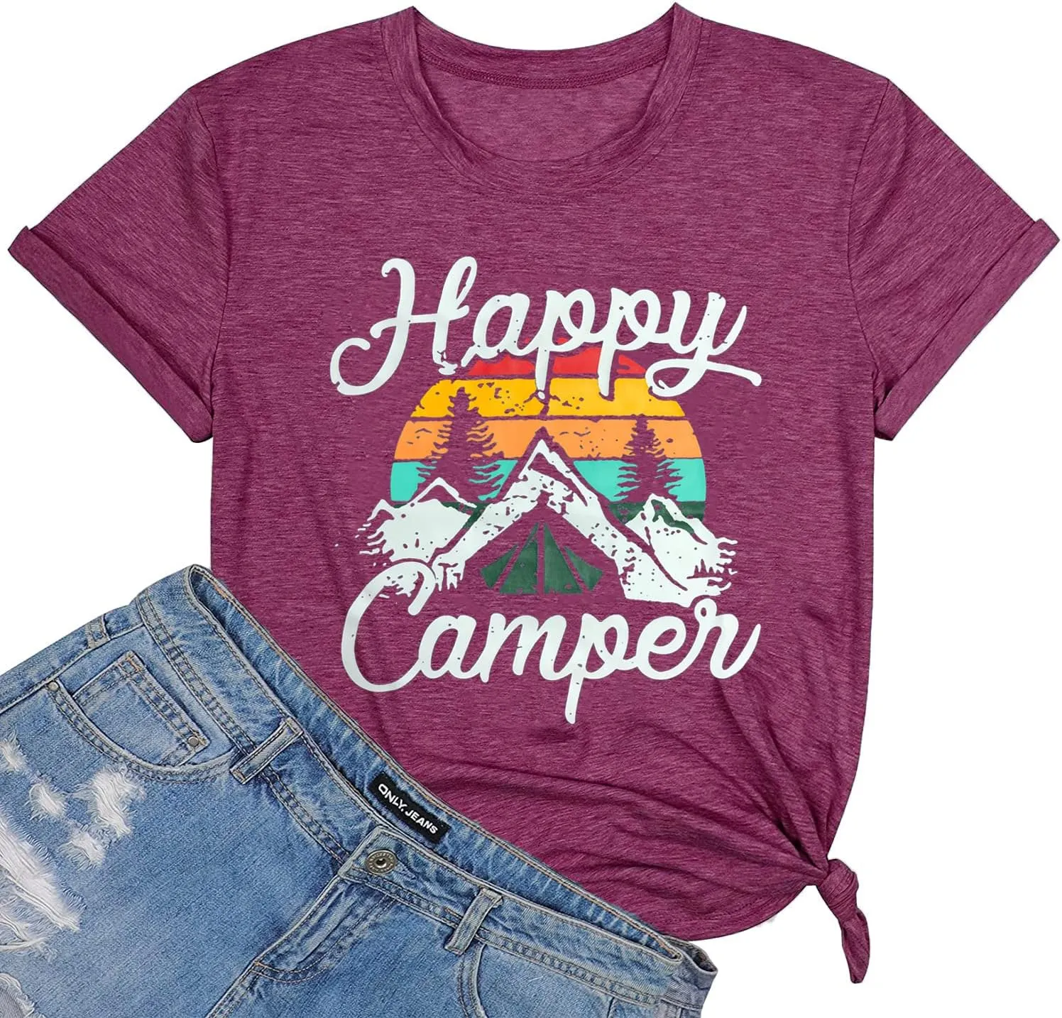 Happy Camp T-Shirt Women Hiking Mountain Adventure Novelty Workout Funny Saying Cute Graphic Athletic Shirt