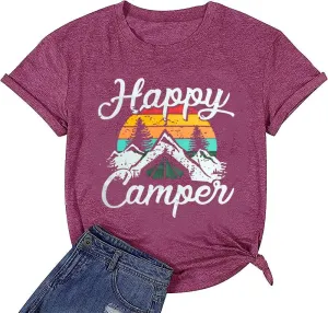 Happy Camp T-Shirt Women Hiking Mountain Adventure Novelty Workout Funny Saying Cute Graphic Athletic Shirt