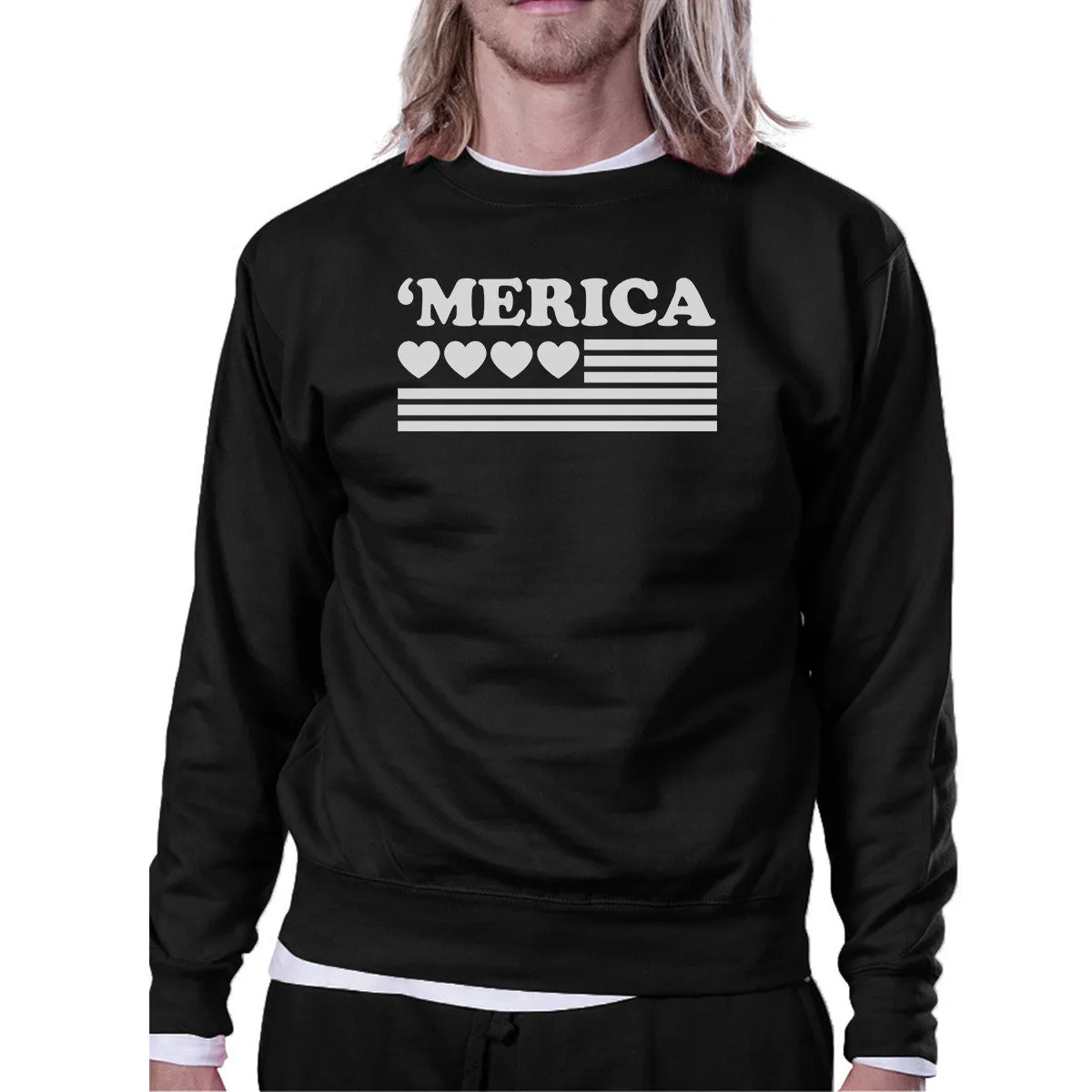Heart 'Merica Cute American Flag Design Sweatshirt Black Round Neck