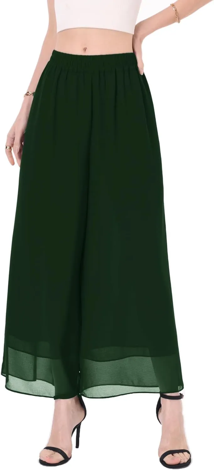 heipeiwa Women's Capris Crop Chiffon Pants Summer Beach Vacation Culottes Casual Dress Wide Leg Palazzo Pants