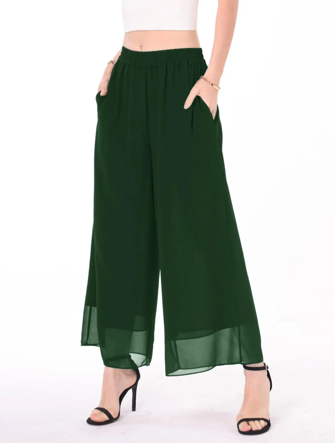 heipeiwa Women's Capris Crop Chiffon Pants Summer Beach Vacation Culottes Casual Dress Wide Leg Palazzo Pants