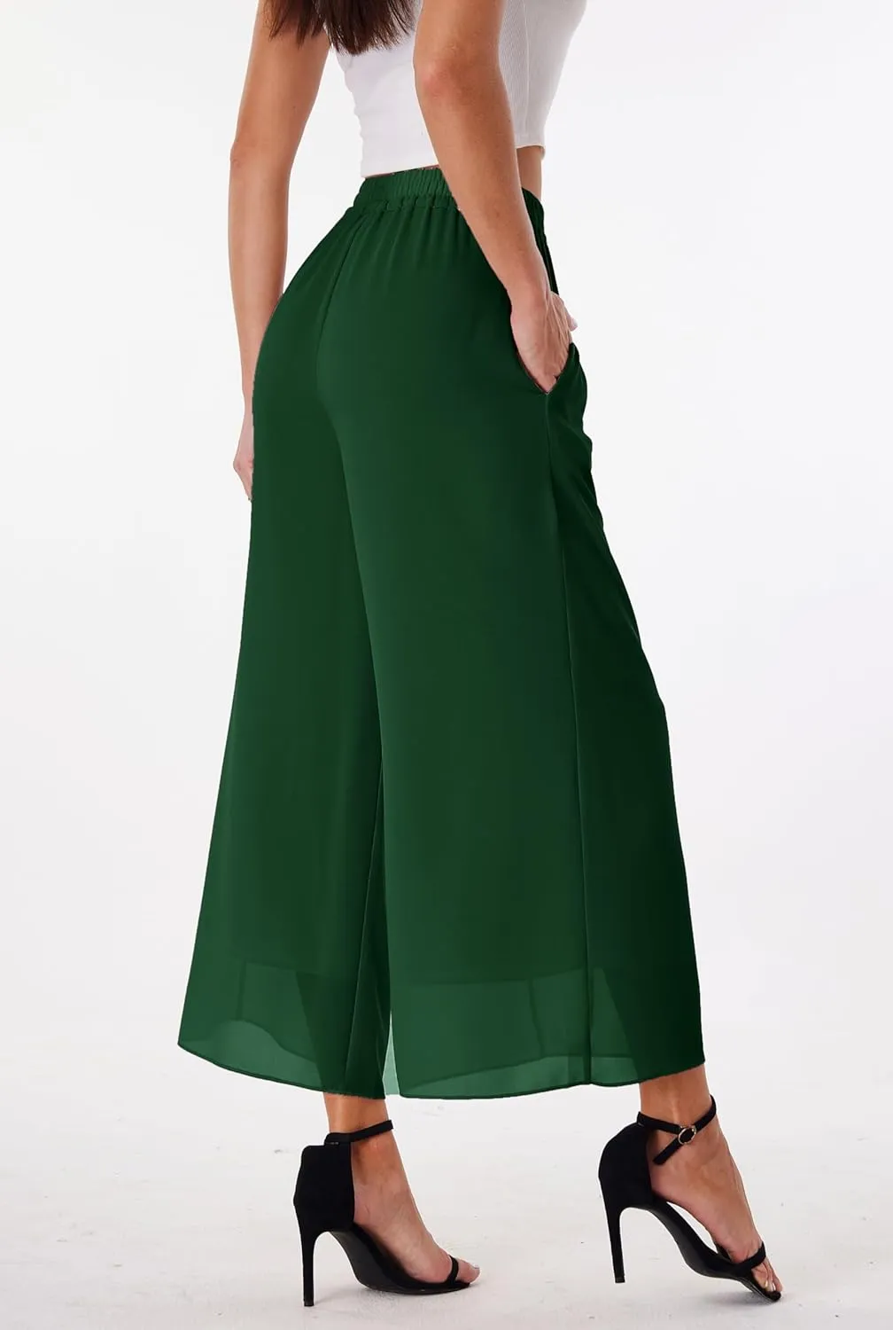 heipeiwa Women's Capris Crop Chiffon Pants Summer Beach Vacation Culottes Casual Dress Wide Leg Palazzo Pants