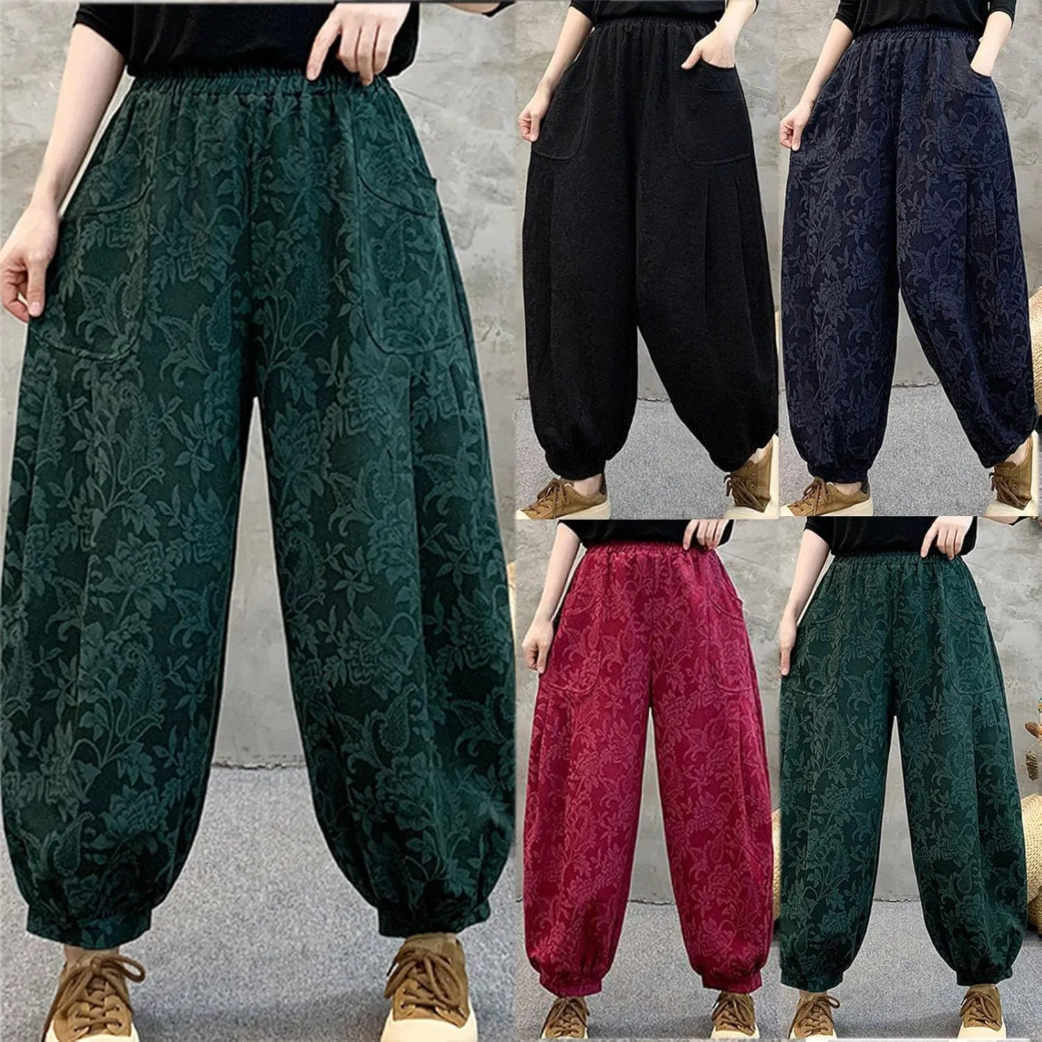 HGps8w Baggy Embroidered Harem Pants for Women Plus Size Casual Comfort Lounge Trousers with Pockets