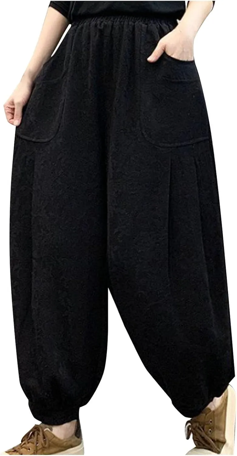 HGps8w Baggy Embroidered Harem Pants for Women Plus Size Casual Comfort Lounge Trousers with Pockets