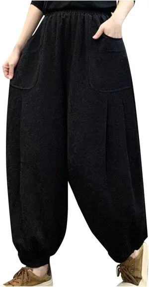HGps8w Baggy Embroidered Harem Pants for Women Plus Size Casual Comfort Lounge Trousers with Pockets