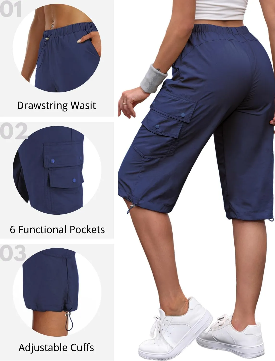 Hiking Capri Cargo Pants Women Baggy Low Rise Lightweight Summer Outdoor Casual Loose Style with 6 Pockets