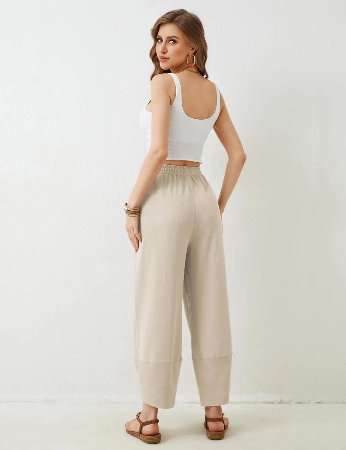 Himosyber Women Cotton Pants Wide Leg Pants Casual Loose Baggy Elastic Waist Beach Palazzo Harem Pants