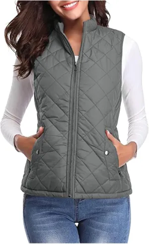 hlysgo Women's Quilted Vest, Stand Collar Lightweight Zip Pockets Padded Gilet Sleeveless Zipper Coat Jacket Outwear