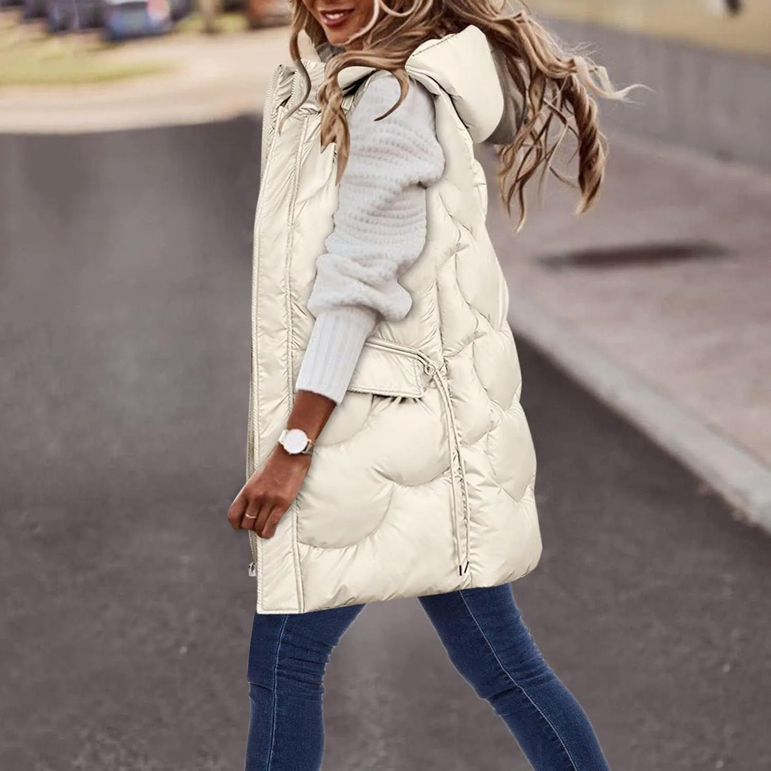 hlysgo Womens Winter Puffer Vest with Hood Sleeveless Hooded Full Zipper Thicken Long Jacket Slim Warm Padded Coats