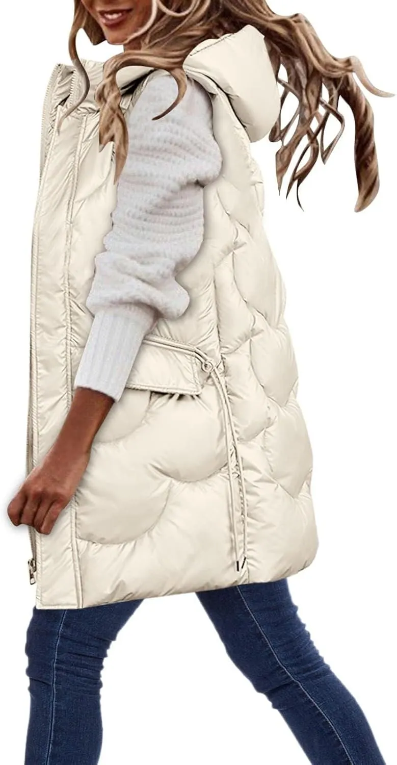 hlysgo Womens Winter Puffer Vest with Hood Sleeveless Hooded Full Zipper Thicken Long Jacket Slim Warm Padded Coats