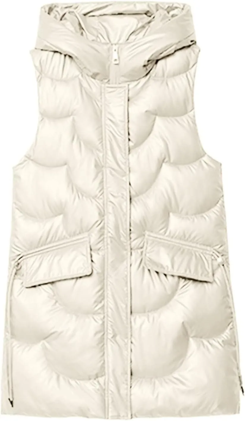 hlysgo Womens Winter Puffer Vest with Hood Sleeveless Hooded Full Zipper Thicken Long Jacket Slim Warm Padded Coats