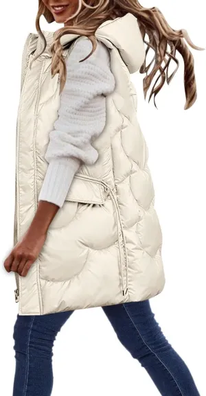 hlysgo Womens Winter Puffer Vest with Hood Sleeveless Hooded Full Zipper Thicken Long Jacket Slim Warm Padded Coats