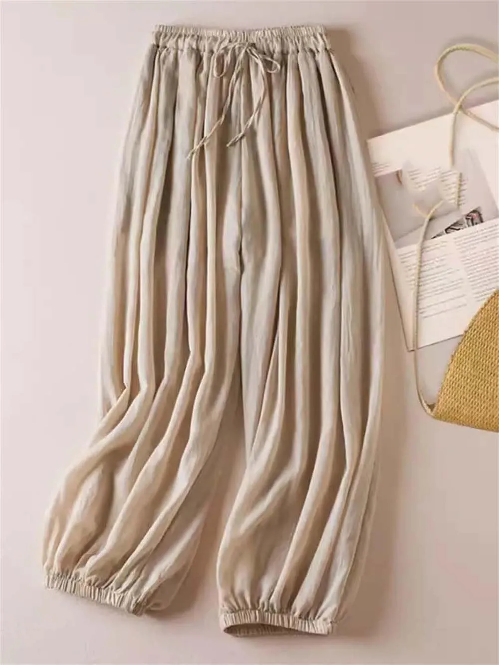 Hndudnff Women Pleated Elastic Hem Draped Harem Pants Summer Casual Loose Wide Leg Trousers