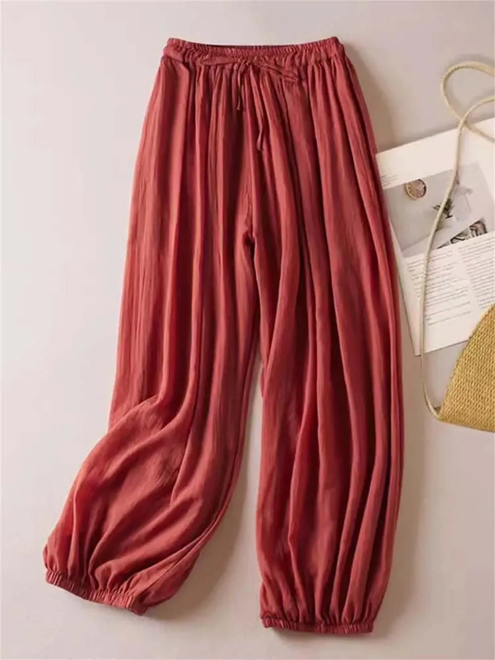 Hndudnff Women Pleated Elastic Hem Draped Harem Pants Summer Casual Loose Wide Leg Trousers