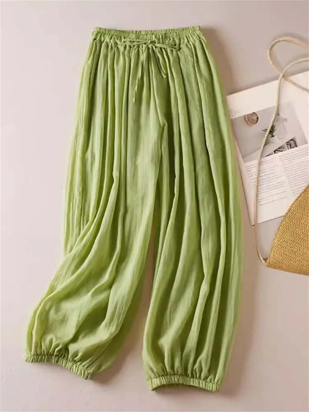 Hndudnff Women Pleated Elastic Hem Draped Harem Pants Summer Casual Loose Wide Leg Trousers