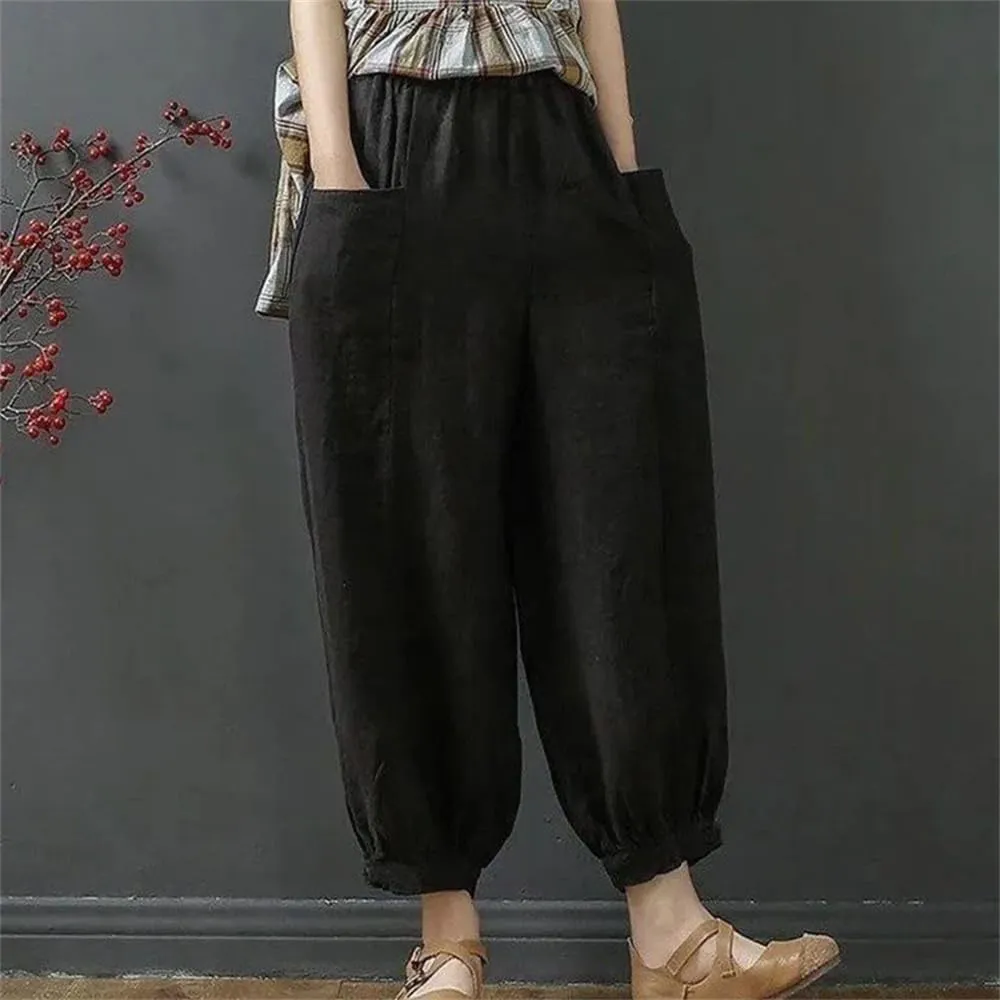 Hndudnff Women Summer Ankle-Length Pants Casual Loose Pocket Elastic Waist Harem Pants with Pockets