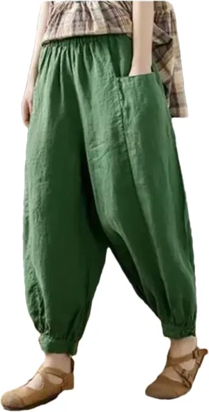 Hndudnff Women Summer Ankle-Length Pants Casual Loose Pocket Elastic Waist Harem Pants with Pockets
