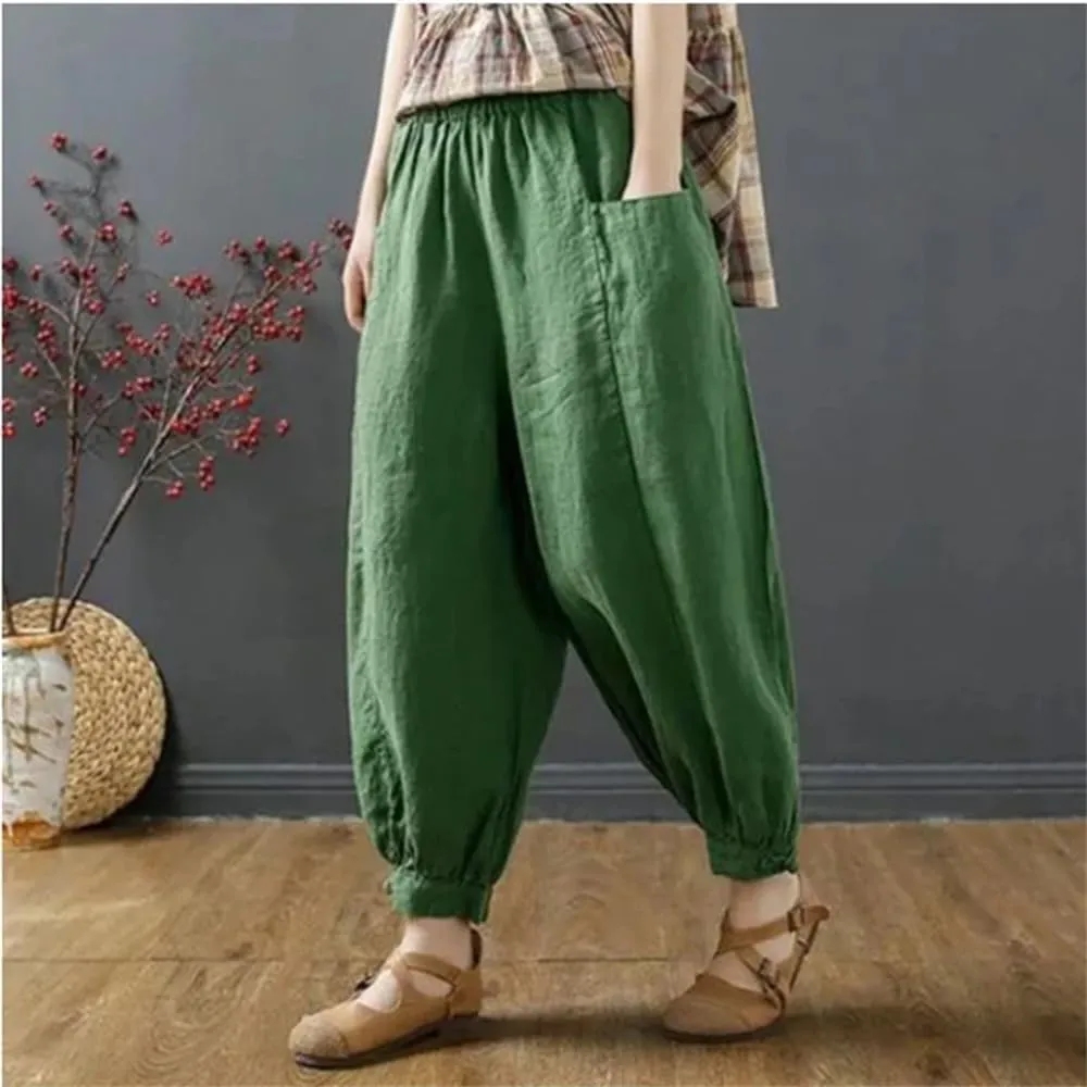 Hndudnff Women Summer Ankle-Length Pants Casual Loose Pocket Elastic Waist Harem Pants with Pockets