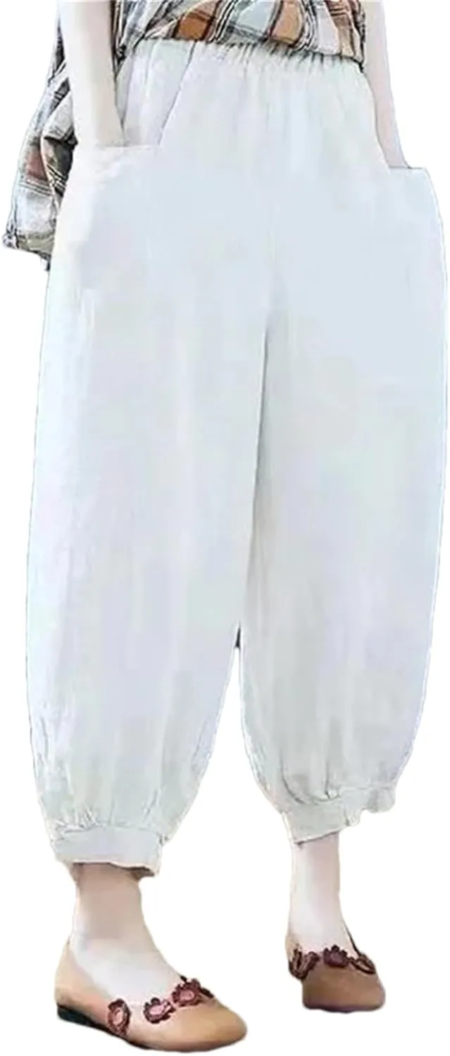 Hndudnff Women Summer Ankle-Length Pants Casual Loose Pocket Elastic Waist Harem Pants with Pockets