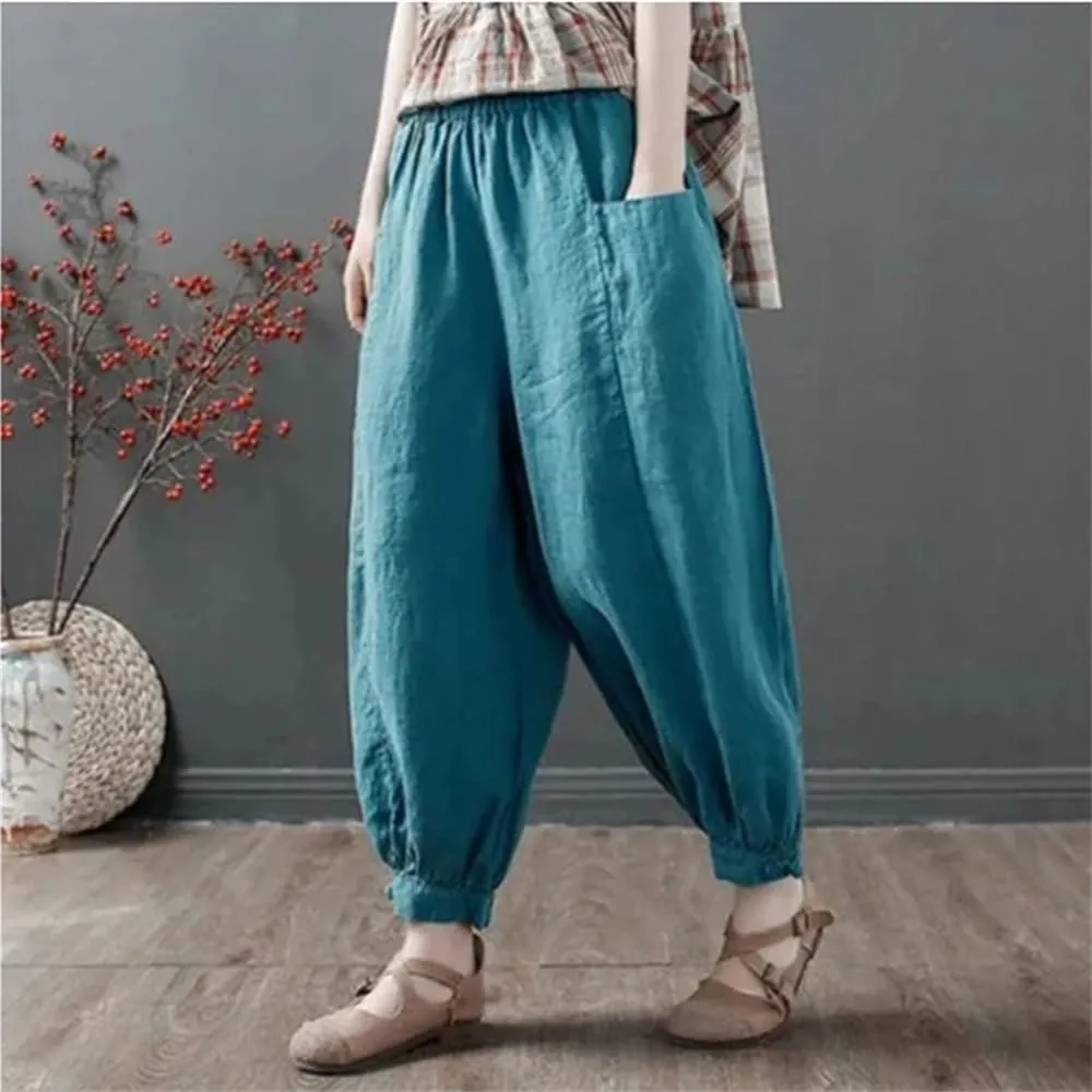 Hndudnff Women Summer Ankle-Length Pants Casual Loose Pocket Elastic Waist Harem Pants with Pockets