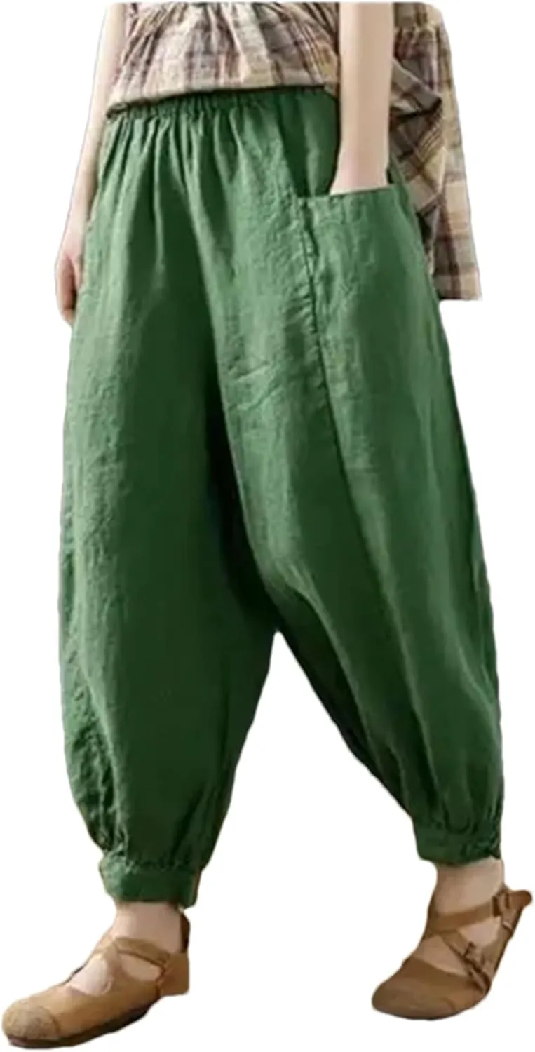 Hndudnff Women Summer Ankle-Length Pants Casual Loose Pocket Elastic Waist Harem Pants with Pockets