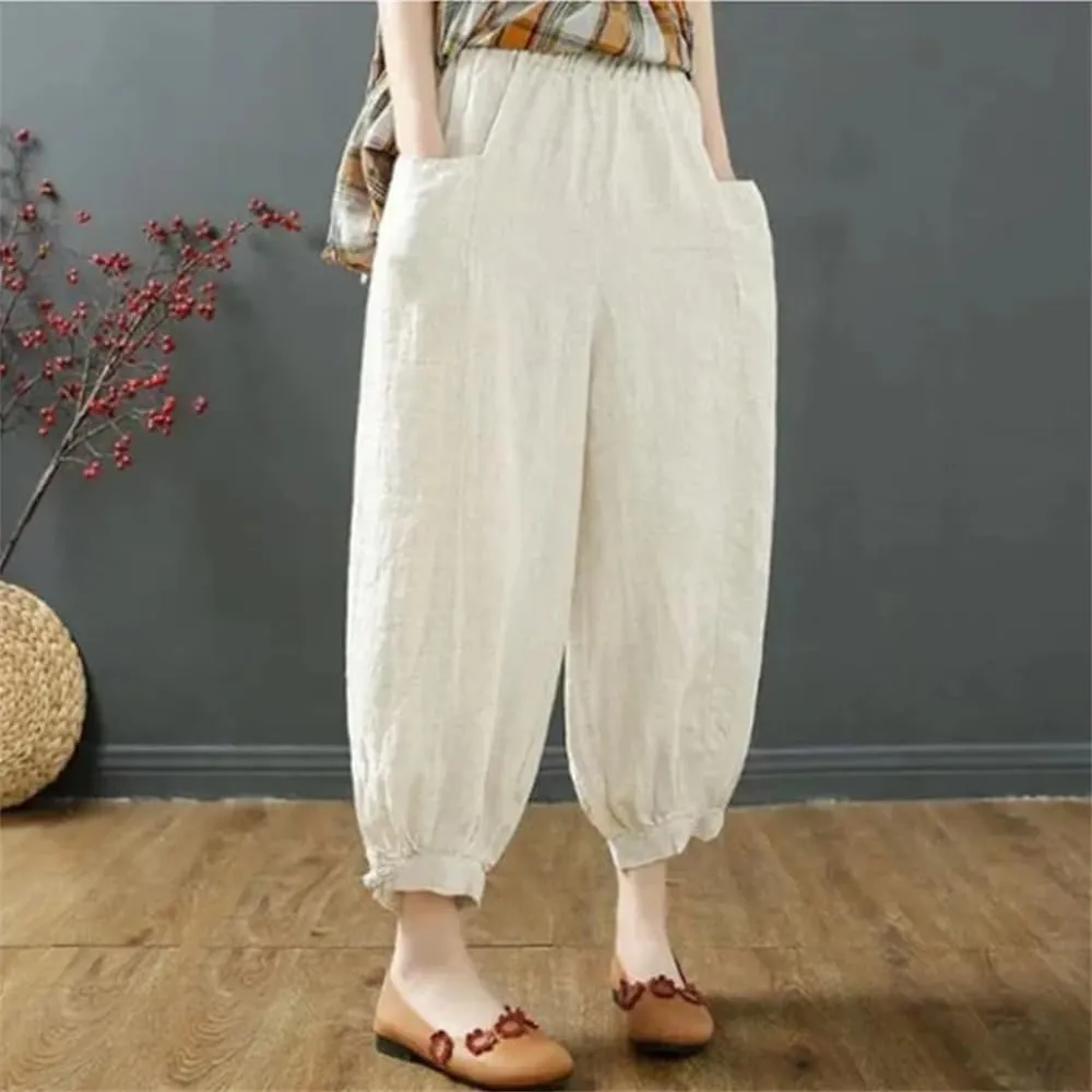 Hndudnff Women Summer Ankle-Length Pants Casual Loose Pocket Elastic Waist Harem Pants with Pockets