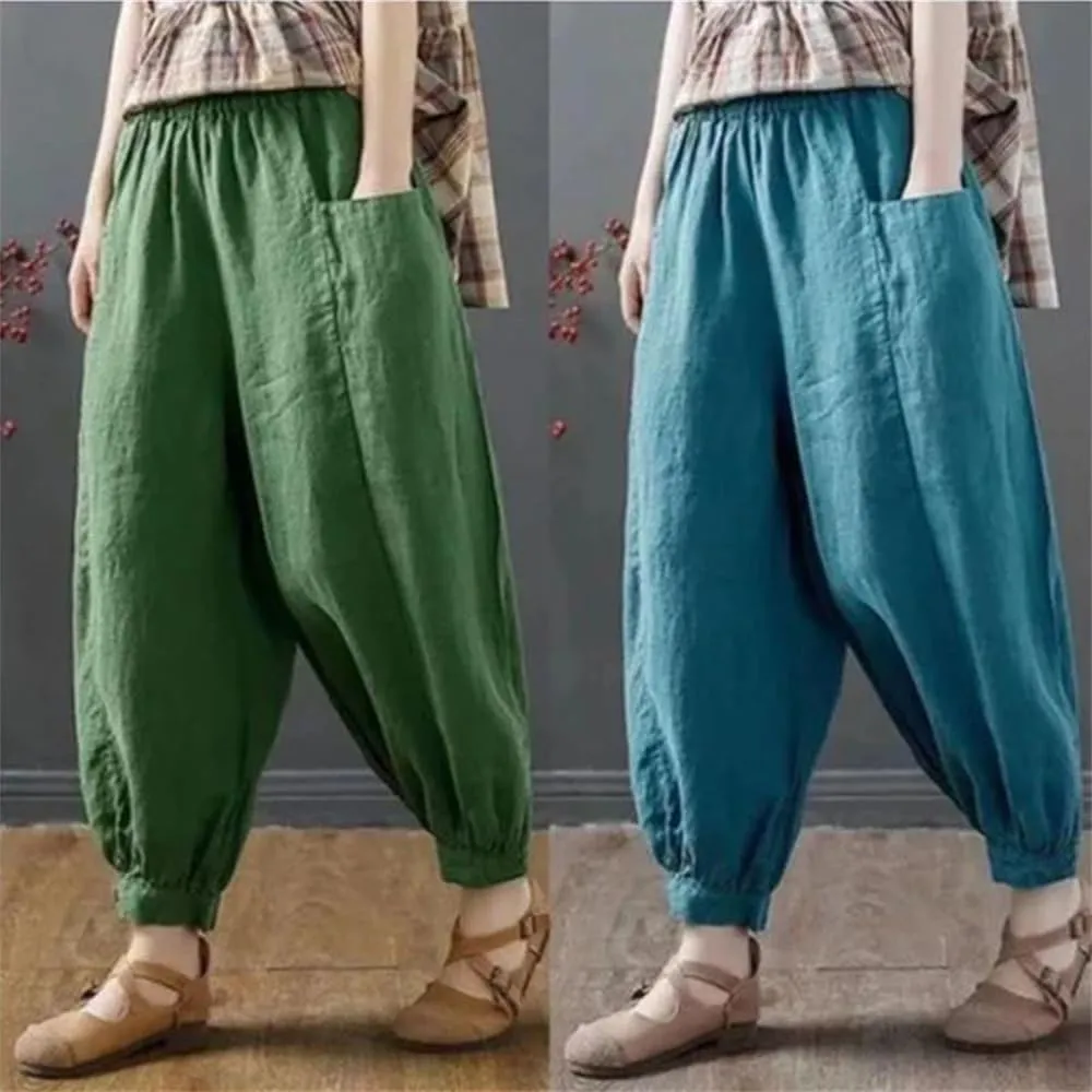 Hndudnff Women Summer Ankle-Length Pants Casual Loose Pocket Elastic Waist Harem Pants with Pockets
