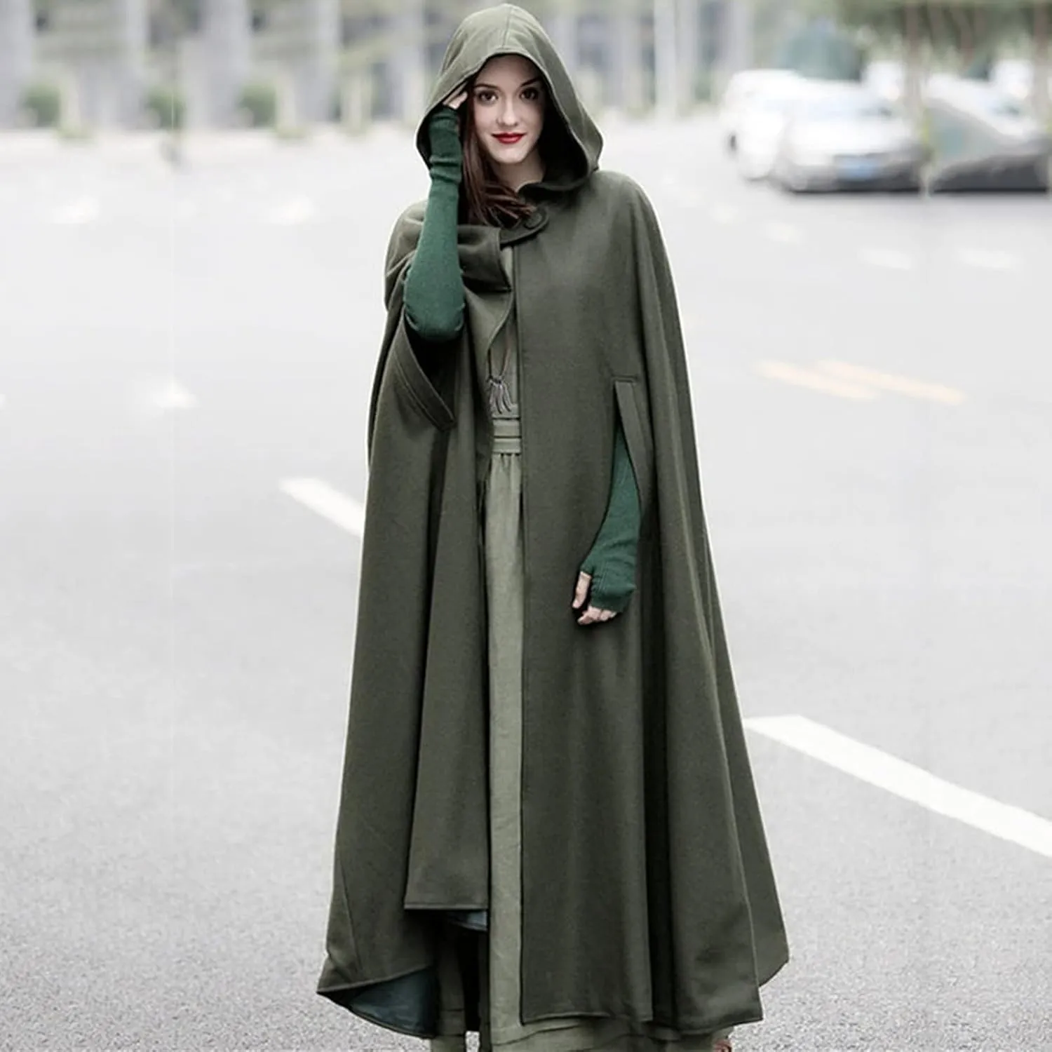 Hooded Cloak Hooded Long Women Cape Winter Vintage Overcoat Fashion Button Cloak Woolen Coat