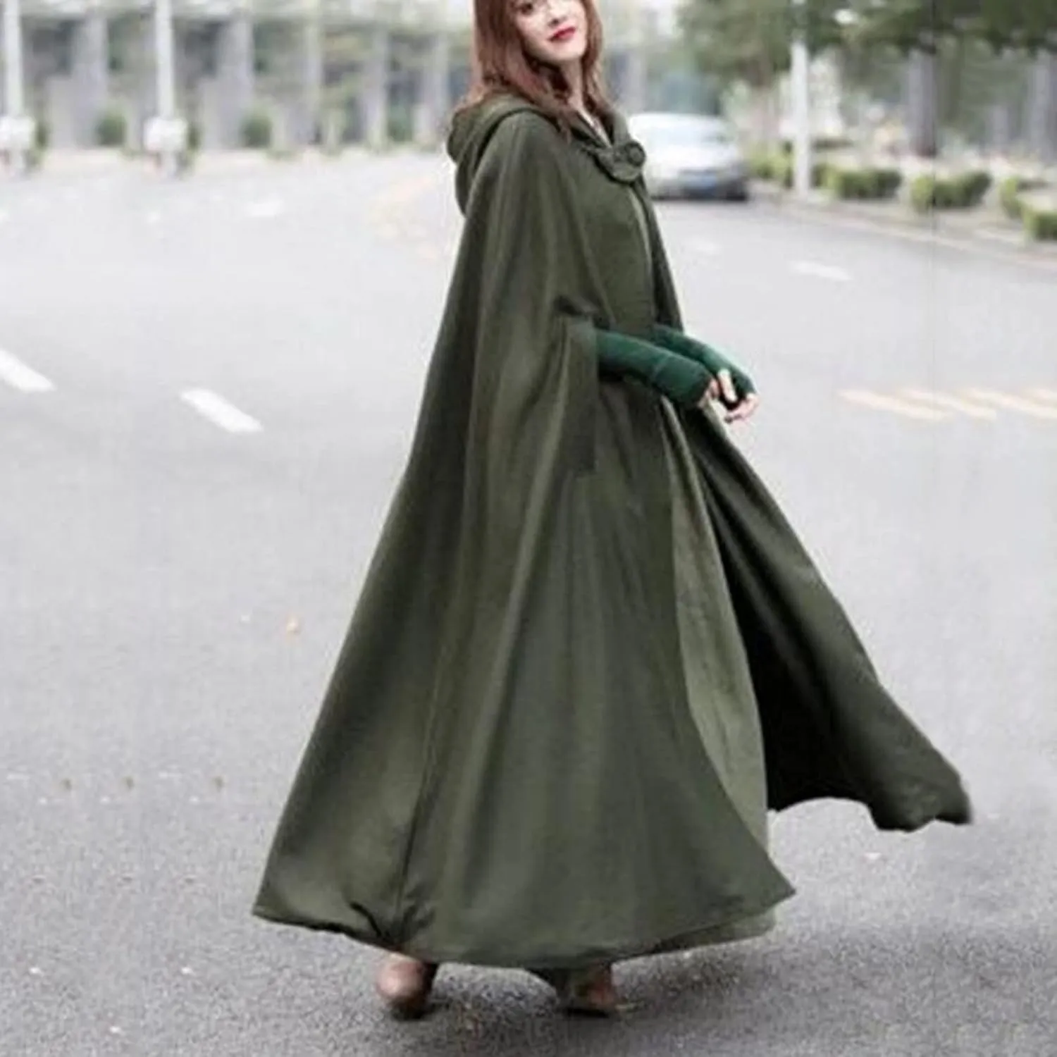 Hooded Cloak Hooded Long Women Cape Winter Vintage Overcoat Fashion Button Cloak Woolen Coat
