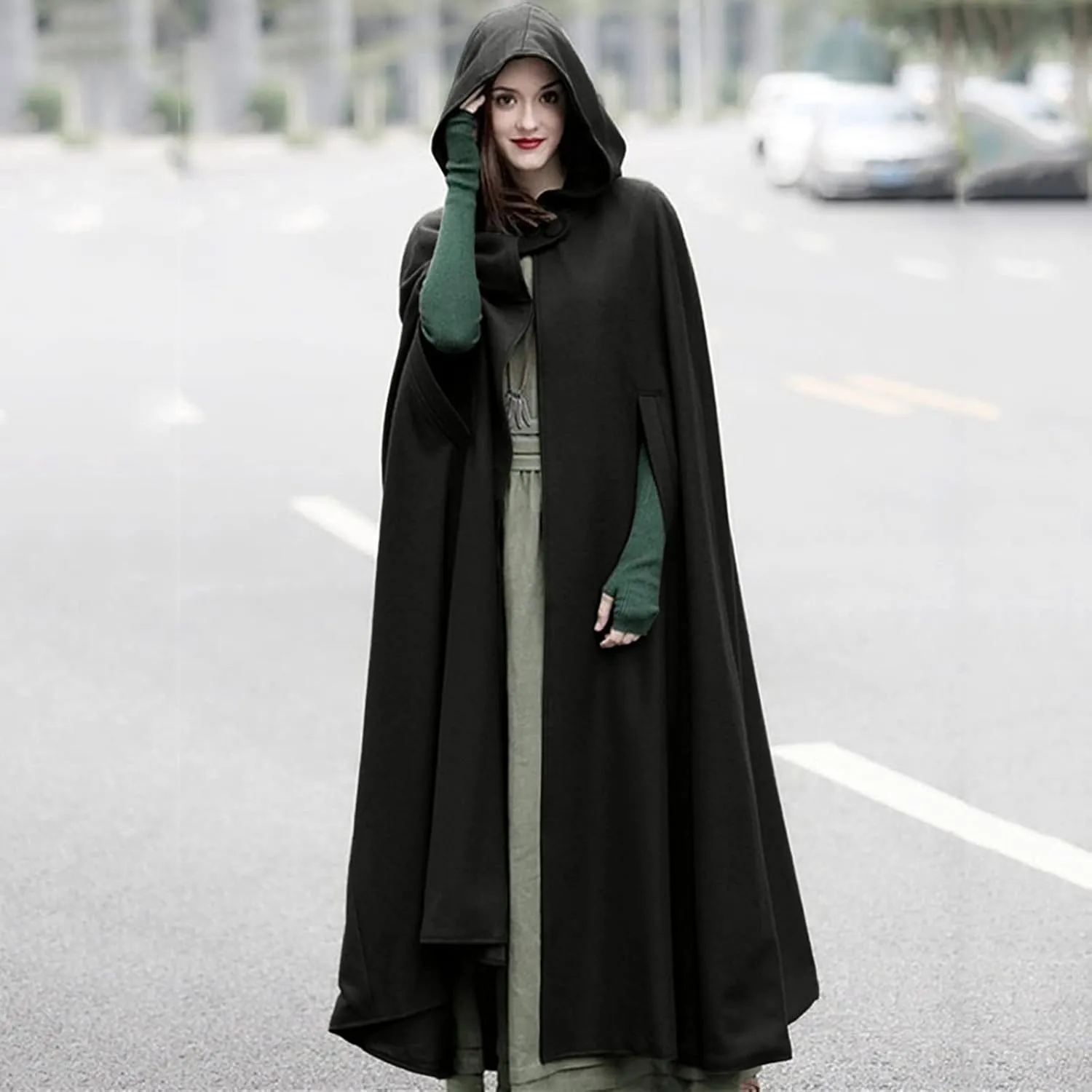 Hooded Cloak Hooded Long Women Cape Winter Vintage Overcoat Fashion Button Cloak Woolen Coat