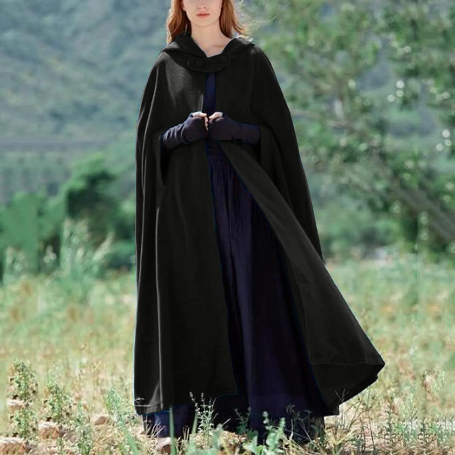 Hooded Cloak Hooded Long Women Cape Winter Vintage Overcoat Fashion Button Cloak Woolen Coat
