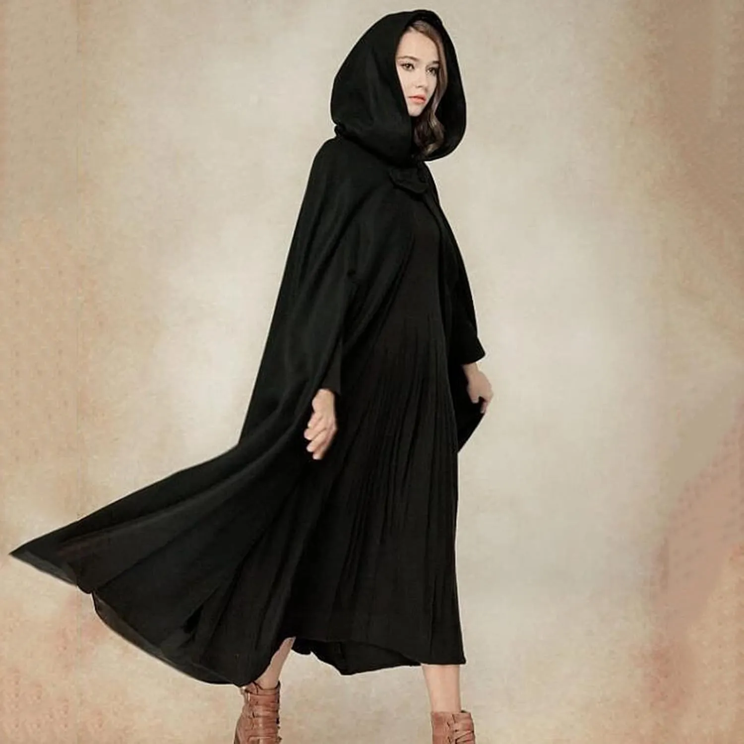 Hooded Cloak Hooded Long Women Cape Winter Vintage Overcoat Fashion Button Cloak Woolen Coat