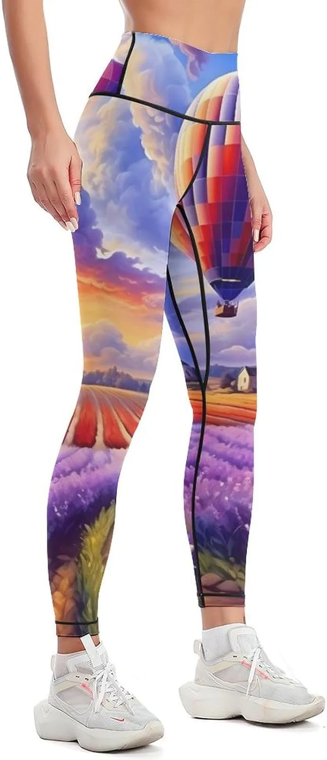 Hot Air Balloons Over Lavender Flowers Women's Yoga Pants High Waisted Leggings Casual Sweatpants Workout Pants