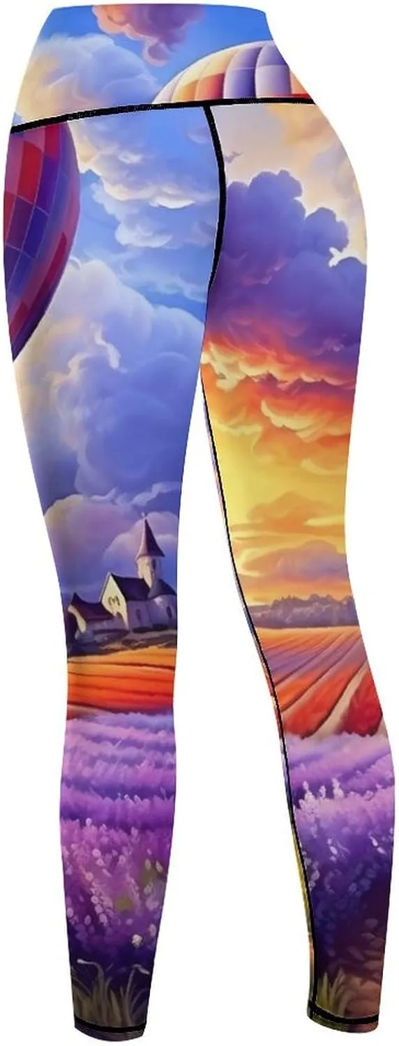 Hot Air Balloons Over Lavender Flowers Women's Yoga Pants High Waisted Leggings Casual Sweatpants Workout Pants