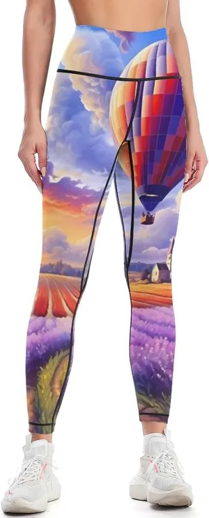 Hot Air Balloons Over Lavender Flowers Women's Yoga Pants High Waisted Leggings Casual Sweatpants Workout Pants