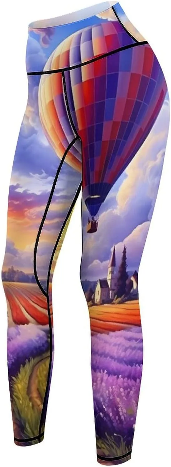 Hot Air Balloons Over Lavender Flowers Women's Yoga Pants High Waisted Leggings Casual Sweatpants Workout Pants