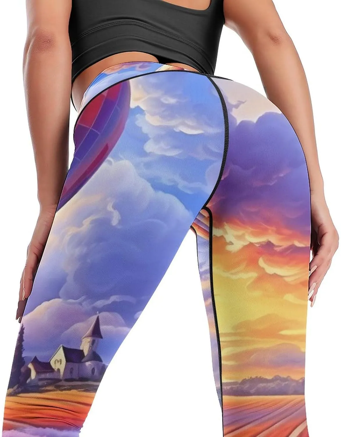 Hot Air Balloons Over Lavender Flowers Women's Yoga Pants High Waisted Leggings Casual Sweatpants Workout Pants