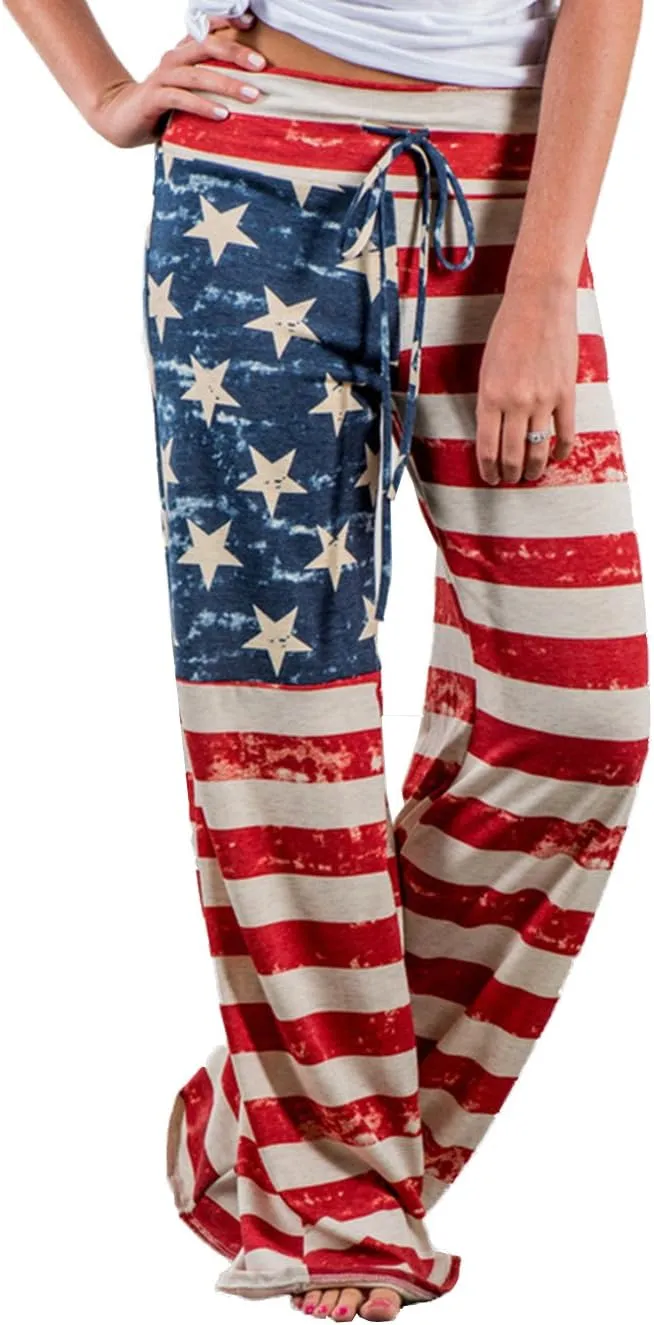iChunhua Women's Comfy Stretch Floral Print Drawstring Palazzo Wide Leg Lounge Pant