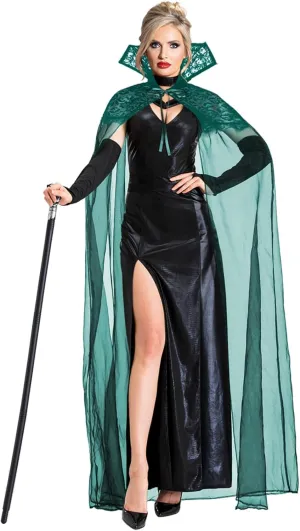 Joukavor Gothic Long Black Tulle Vampire Cape with Stand-Up Lace Collar for Women
