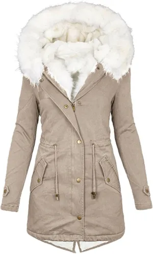 jsaierl Womens Winter Long Padded Coats with Fur Hood Fleece Lined Puffer Jacket Zipper Button Outerwear Thicken Warm Parka