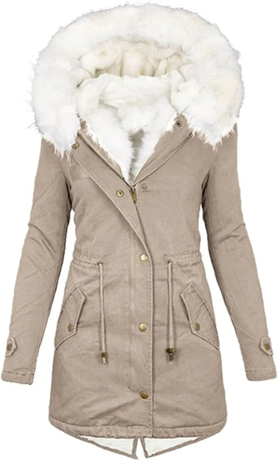 jsaierl Womens Winter Long Padded Coats with Fur Hood Fleece Lined Puffer Jacket Zipper Button Outerwear Thicken Warm Parka