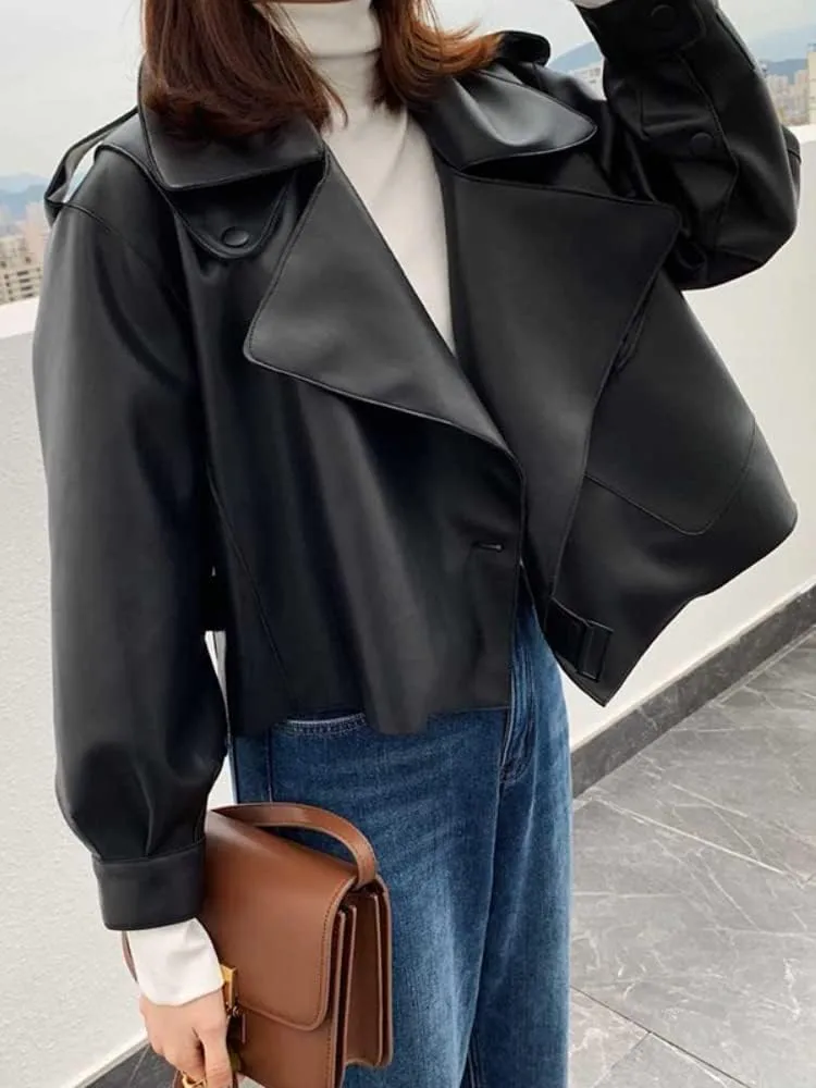 JYHBHMZG Autumn/Winter Women's PU Motorcycle Biker Red Coat,Faux Leather Jacket,Turn-Down Collar,Loose Punk Outerwear
