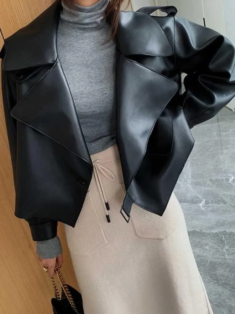 JYHBHMZG Autumn/Winter Women's PU Motorcycle Biker Red Coat,Faux Leather Jacket,Turn-Down Collar,Loose Punk Outerwear